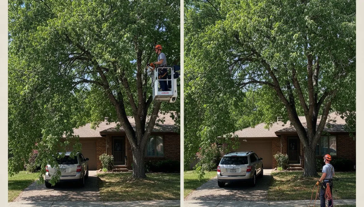 Arborist lifting tree canopy for driveway clearance during professional tree trimming in Aurora, CO