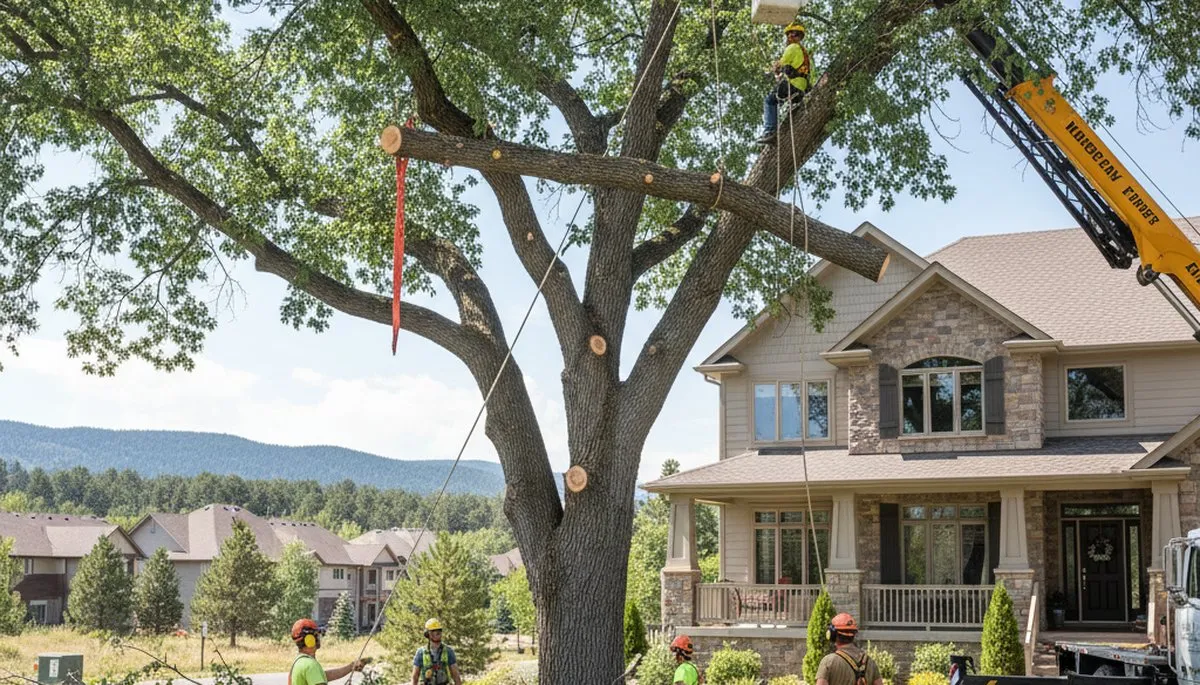 Arborists using bucket truck for large tree removal near home in Aurora, CO