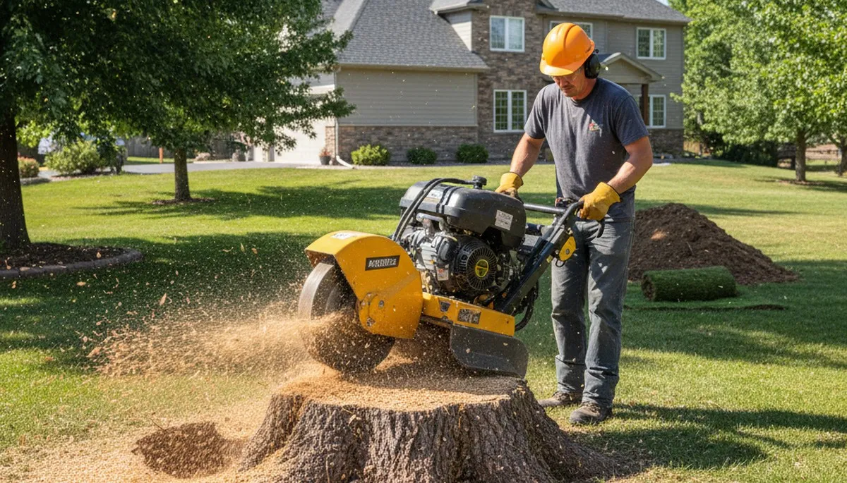 Professional stump grinding service removing tree stumps in Aurora, CO for lawn restoration