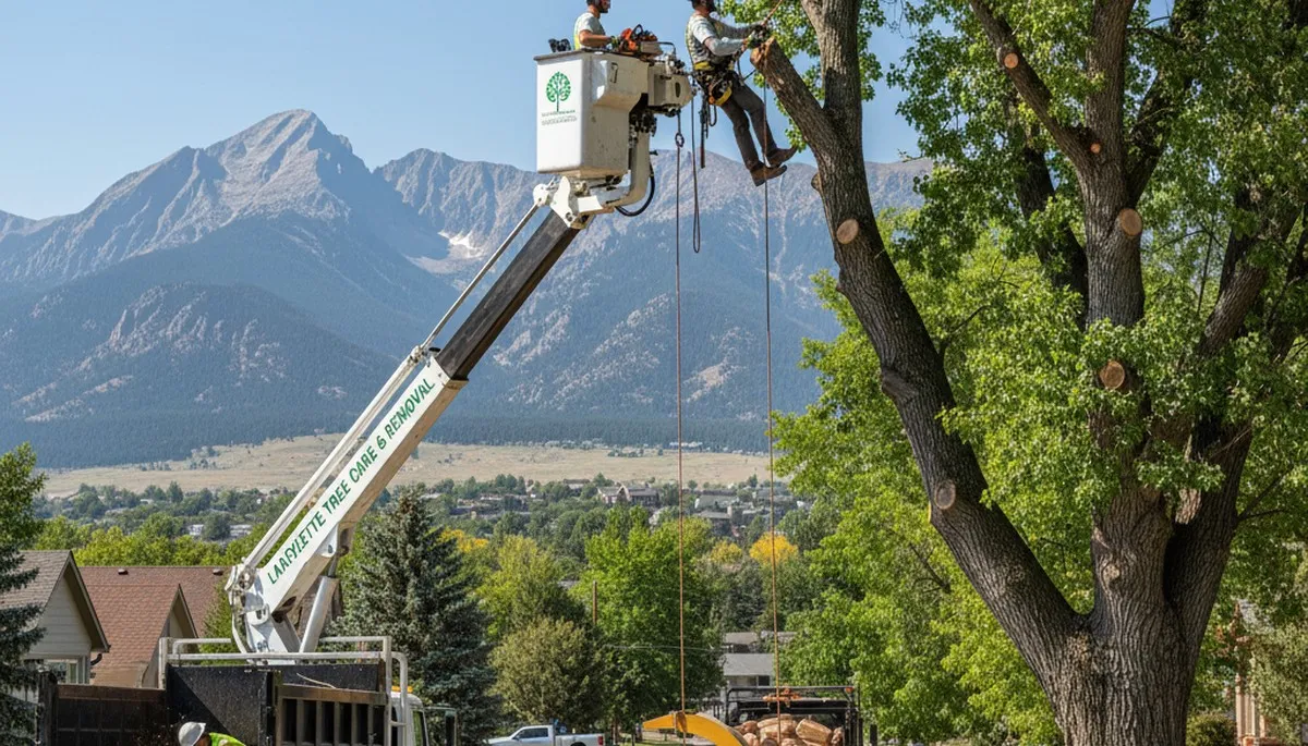Professional tree removal experts safely cutting down large oak tree in Aurora, CO yard