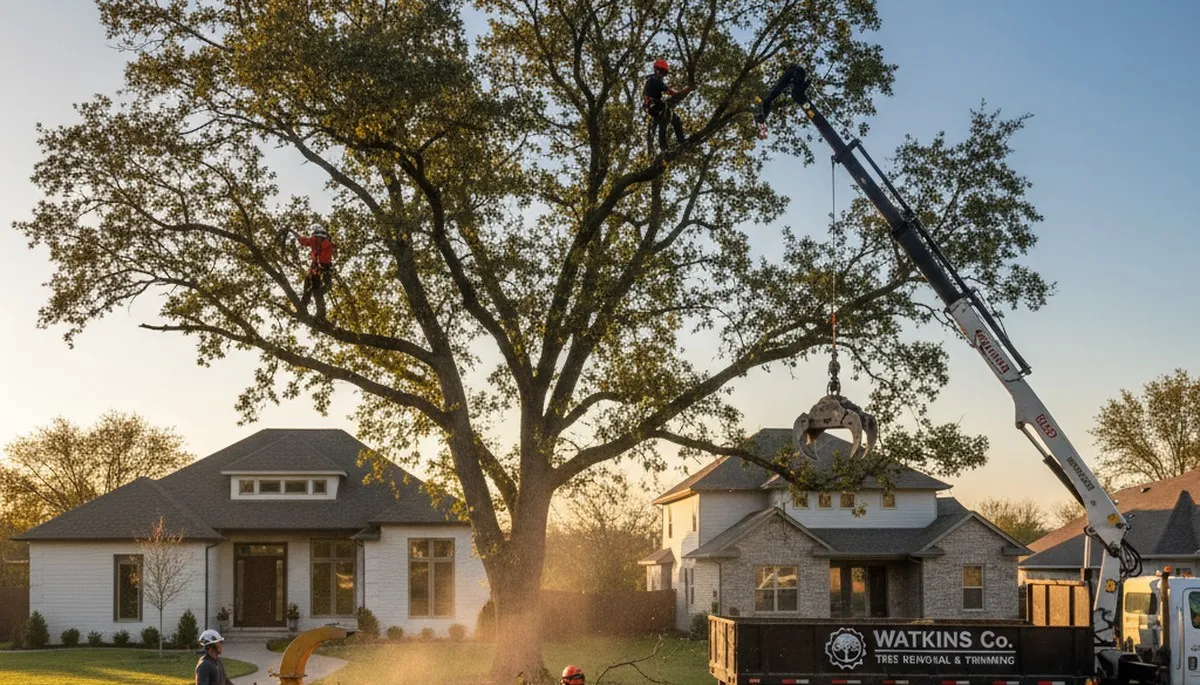 Professional tree removal service crew working safely in Aurora, CO yard